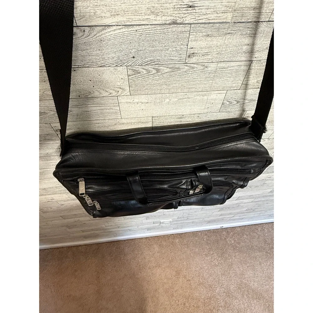 Philippe Amiel‎ Black Leather Multi-Pocket Travel Bag Briefcase Adjustable Strap